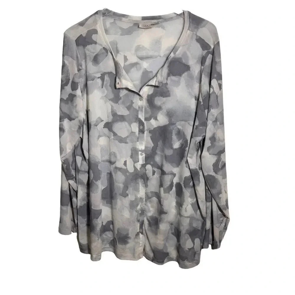 Logo Lori Goldstein Gray White Tie Dye Clarissa mesh cardigan collarless 2X